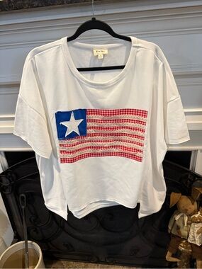BiBi White Tee with Red Gingham Flag and Blue Star Detail